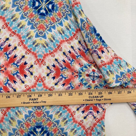 Ruby Rd. size XL Red Blue Artsy Boho Print Flare Sleeve Stretch Knit Relaxed Top - Picture 6 of 8